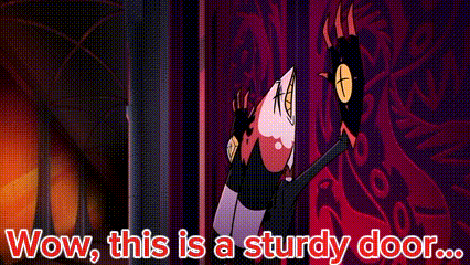 A Cartoon Character Is Standing In Front Of A Red Curtain And Saying `` Wow , This Is A Sturdy Door ... '' . GIF