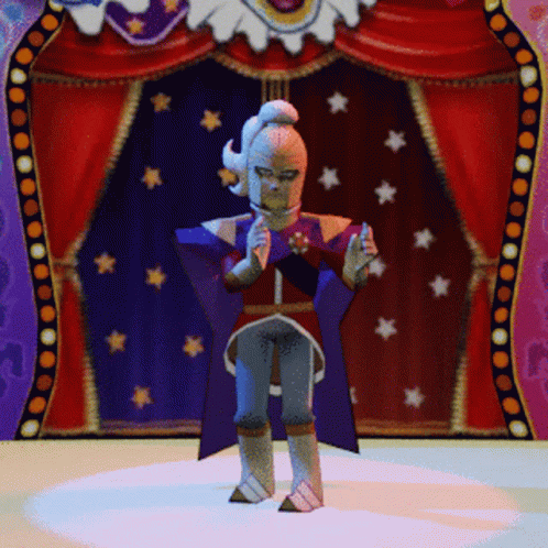 A Cartoon Character Is Standing In Front Of A Red Curtain With Stars On It GIF