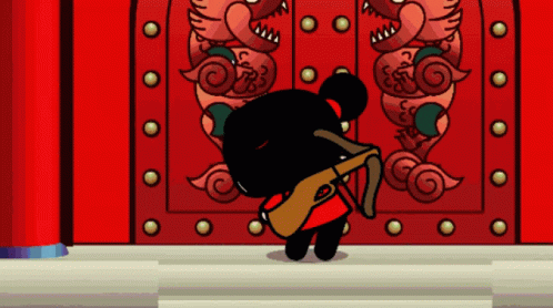 A Cartoon Character Is Standing In Front Of A Red Door And Holding A Guitar GIF