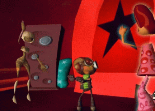 A Cartoon Character Is Standing In Front Of A Red Wall With A Star On It GIF