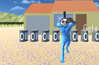 A Cartoon Character Is Standing In Front Of A Row Of Oil Barrels GIF