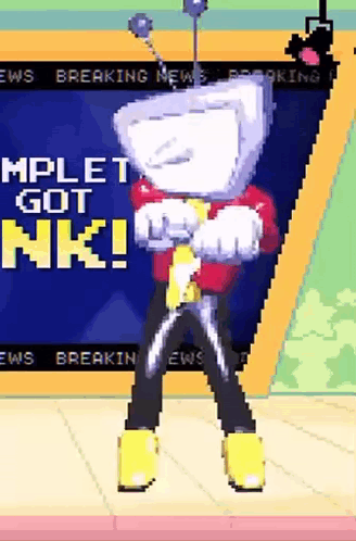 A Cartoon Character Is Standing In Front Of A Screen That Says ' Mplet Got Nk ! ' GIF