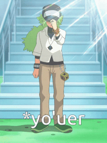 A Cartoon Character Is Standing In Front Of A Set Of Stairs And Says " Yo Uer " On The Bottom GIF