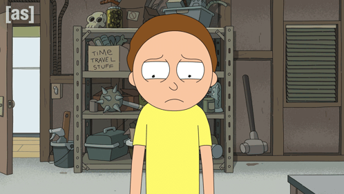 A Cartoon Character Is Standing In Front Of A Shelf With A Sign That Says Time Travel Stuff GIF