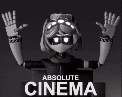 Cartoon Character In Front Of Absolute Cinema Sign GIF