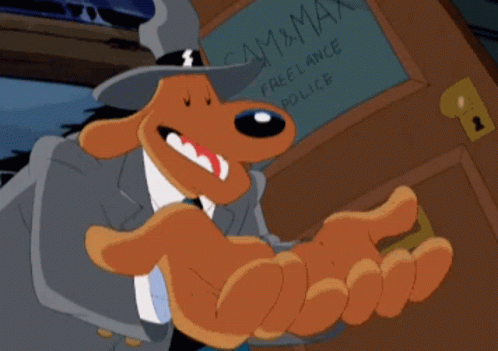 A Cartoon Character Is Standing In Front Of A Sign That Says Cammax Freelance Police GIF