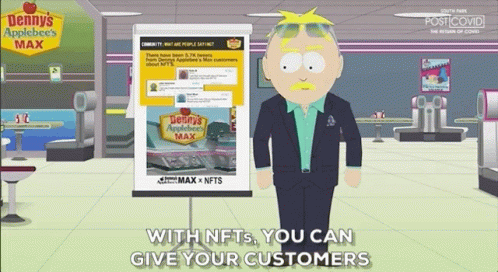 A Cartoon Character Is Standing In Front Of A Sign That Says Dennys Applebee 'S Max GIF