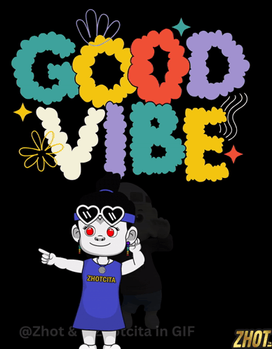 A Cartoon Character Is Standing In Front Of A Sign That Says " Good Vibe " GIF
