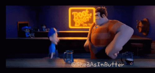 A Cartoon Character Is Standing In Front Of A Sign That Says Root Beer On It GIF