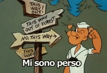 A Cartoon Character Is Standing In Front Of A Sign That Says " This Way Out Of Forest " GIF