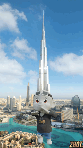 A Cartoon Character Is Standing In Front Of A Skyscraper With The Word Zhot On His Shirt GIF