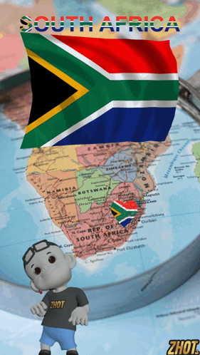 A Cartoon Character Is Standing In Front Of A South Africa Flag On A Map GIF