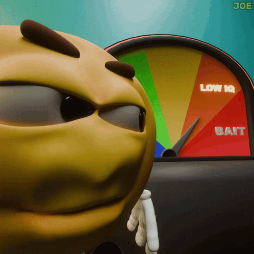a cartoon character is standing in front of a speedometer that says low iq and bait