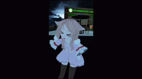 A Cartoon Character Is Standing In Front Of A Starbucks Store GIF