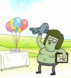 A Cartoon Character Is Standing In Front Of A Table With Balloons And A Thank You Sign GIF