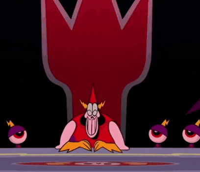 A Cartoon Character Is Standing In Front Of A Throne With A Red Crown On It . GIF