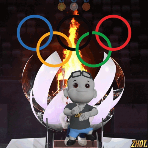 A Cartoon Character Is Standing In Front Of A Torch With The Olympic Rings Around It GIF