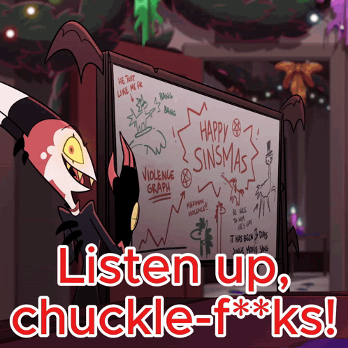 A Cartoon Character Is Standing In Front Of A Whiteboard That Says Happy Sinmas GIF