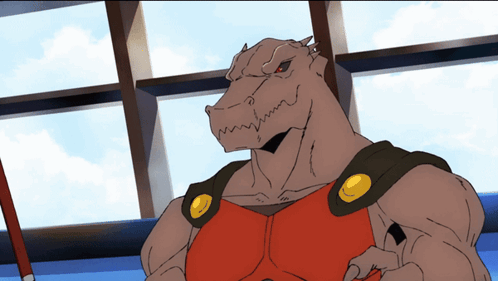 A Cartoon Character Is Standing In Front Of A Window And Has A Red Vest On GIF
