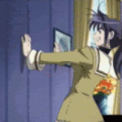 A Cartoon Character Is Standing In Front Of A Window And Holding A Picture Frame . GIF