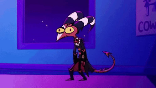 A Cartoon Character Is Standing In Front Of A Window In A Room With A Purple Background . GIF