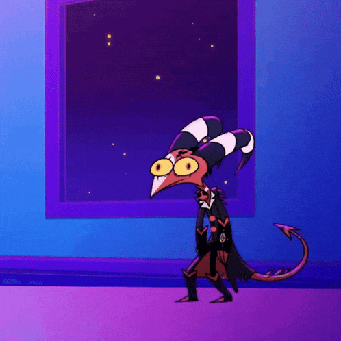 A Cartoon Character Is Standing In Front Of A Window With A Purple Background GIF