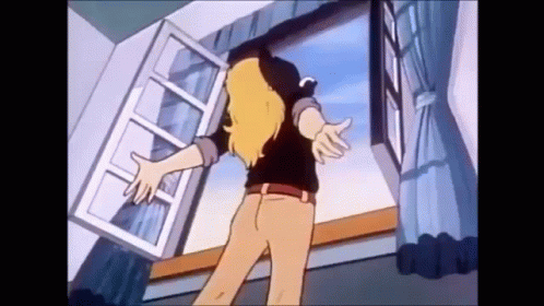 A Cartoon Character Is Standing In Front Of A Window With Her Arms Outstretched . GIF