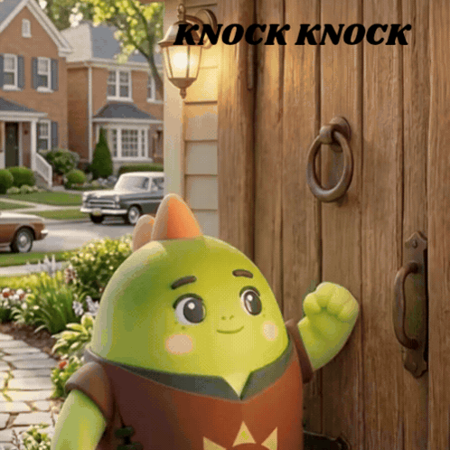 A Cartoon Character Is Standing In Front Of A Wooden Door That Says Knock Knock On It GIF