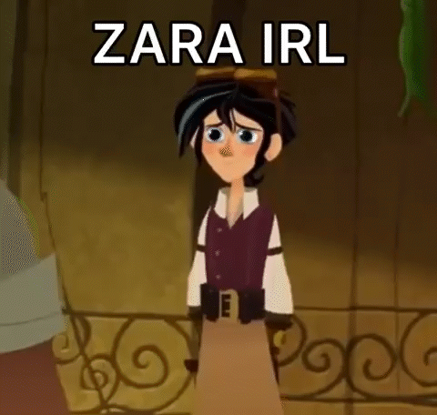 A Cartoon Character Is Standing In Front Of A Wrought Iron Railing And Says `` Zara Irl '' . GIF