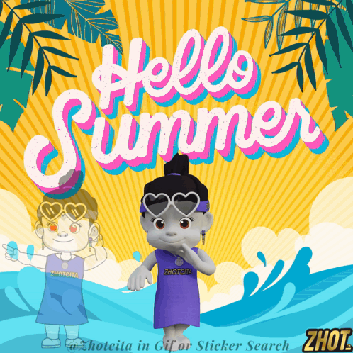 A Cartoon Character Is Standing In Front Of A Yellow Background That Says Hello Summer GIF