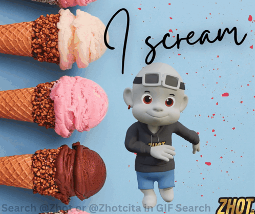 A Cartoon Character Is Standing In Front Of Ice Cream Cones With The Words " I Scream " Written On The Bottom GIF