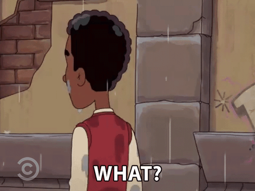 A Cartoon Character Is Standing In The Rain And Says " What " GIF