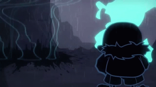 A Cartoon Character Is Standing In The Rain With A Blue Light Behind Him . GIF