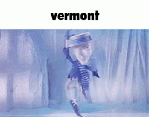 A Cartoon Character Is Standing In The Snow With The Word Vermont On The Bottom Of The Image . GIF