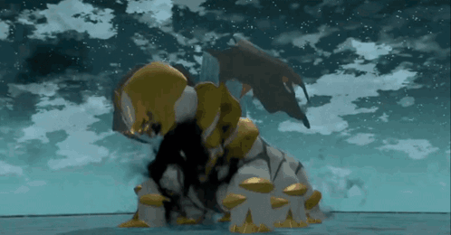 A Cartoon Character Is Standing In The Water With A Dragon Flying In The Background . GIF