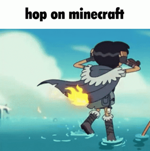 A Cartoon Character Is Standing In The Water With A Fire Coming Out Of His Back And The Words Hop On Minecraft Above Him GIF