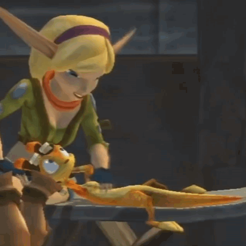 A Cartoon Character Is Standing Next To A Cartoon Character On A Table GIF