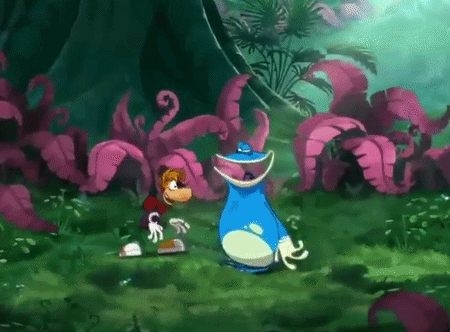 A Cartoon Character Is Standing Next To A Frog In A Jungle . GIF