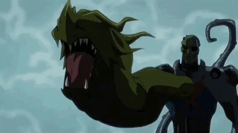 A Cartoon Character Is Standing Next To A Giant Monster With Its Mouth Open . GIF