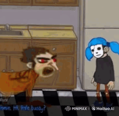 Cartoon Character Next To Girl With Mask GIF