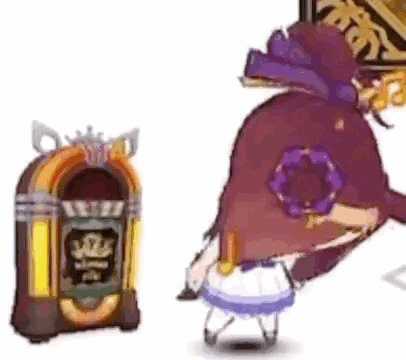 A Cartoon Character Is Standing Next To A Jukebox And A Purple Bag . GIF