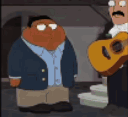 A Cartoon Character Is Standing Next To A Man Holding A Guitar . GIF