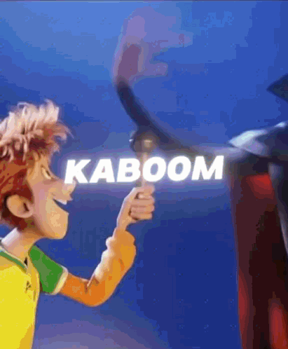 A Cartoon Character Is Standing Next To A Monster And The Word Kaboom Is On The Screen Behind Them . GIF