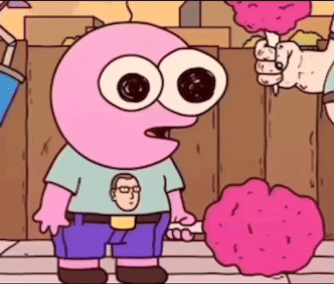A Cartoon Character Is Standing Next To A Person Holding Cotton Candy . GIF