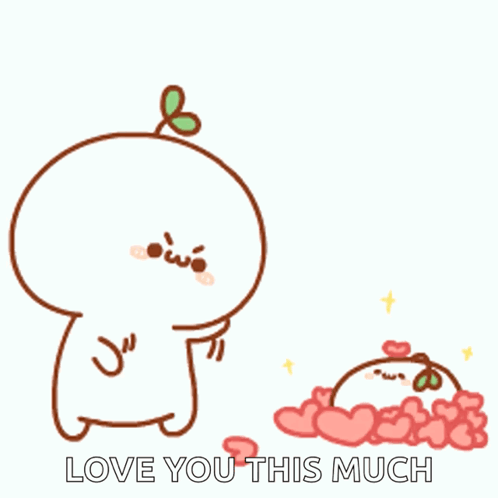 a cartoon character is standing next to a pile of hearts and says love you this much .