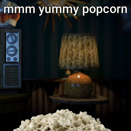 A Cartoon Character Is Standing Next To A Pile Of Popcorn That Says ' Mmmm Yummy Popcorn ' GIF
