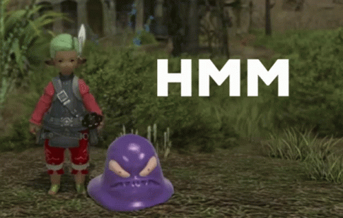 A Cartoon Character Is Standing Next To A Purple Monster That Says Hmm On The Bottom GIF