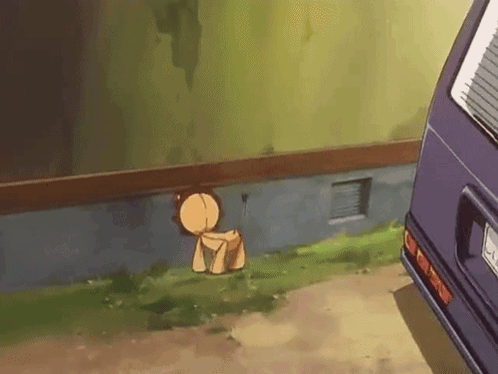 A Cartoon Character Is Standing Next To A Purple Van In A Yard GIF