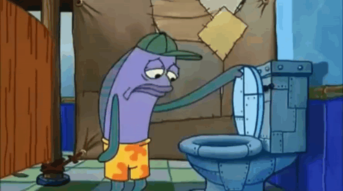 A Cartoon Character Is Standing Next To A Toilet With The Lid Up . GIF