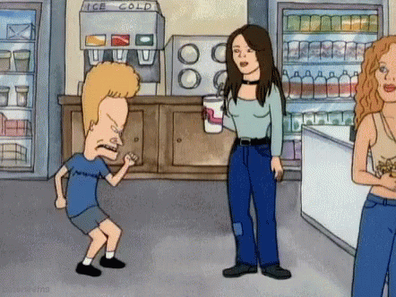 A Cartoon Character Is Standing Next To A Woman In A Store Holding A Drink . GIF